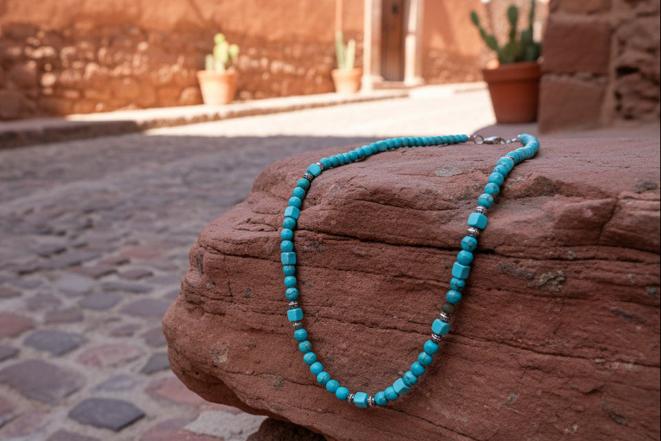 Turquoise Colored Beaded Necklace with Silver Rondelle Accents