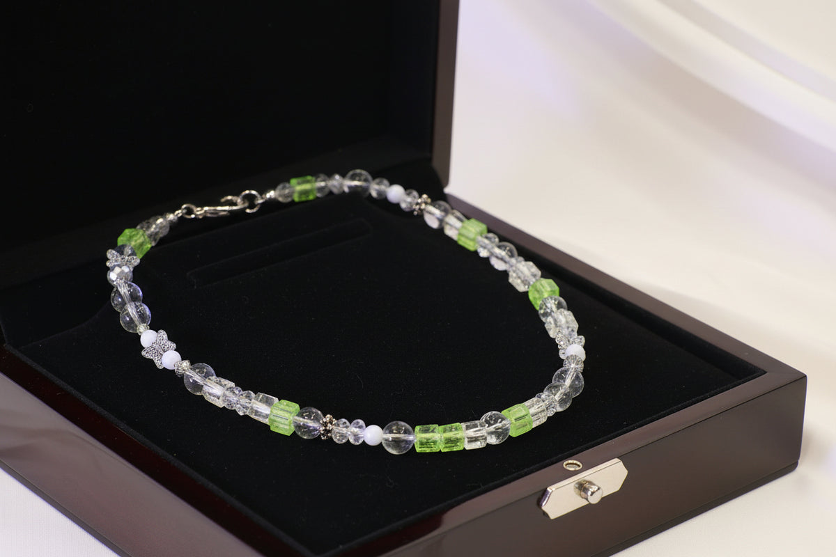 Clear Quartz & Green Glass Beaded Necklace with Butterfly Accents
