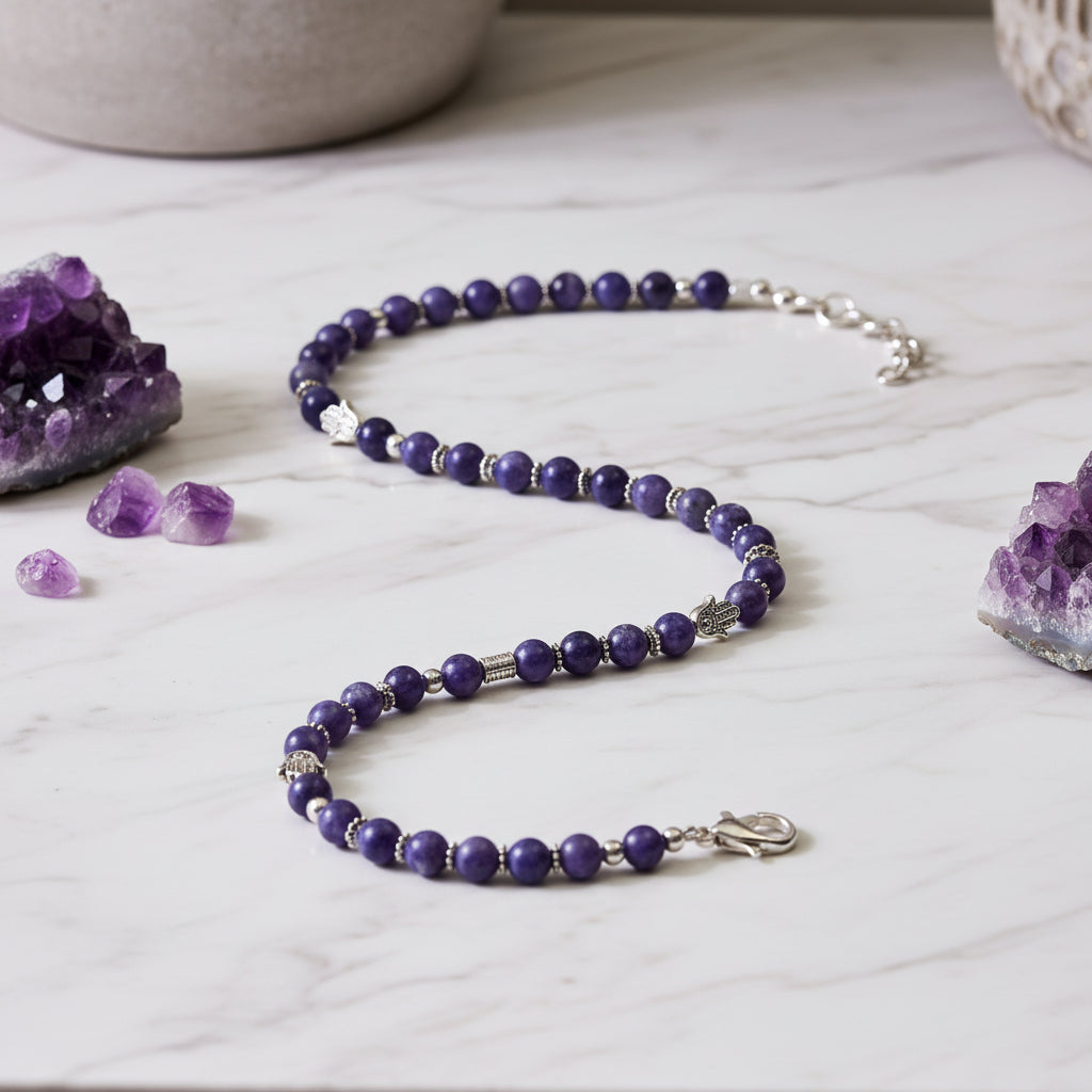 Sodalite Beaded Necklace with Hamsa Hand Accents