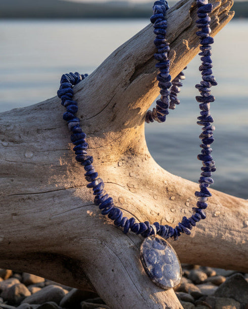 Sodalite Chip Bead Necklace with Sodalite Resin Pendant