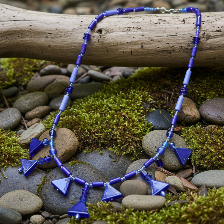 Cobalt Blue Glass Necklace with Cascading Triangle Charms