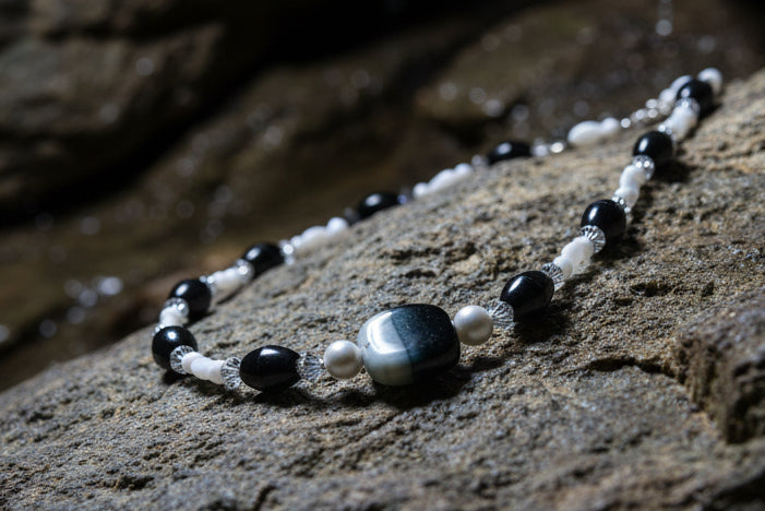 Black & White Beaded Necklace with Swirl Center Stone and Pearl Accents