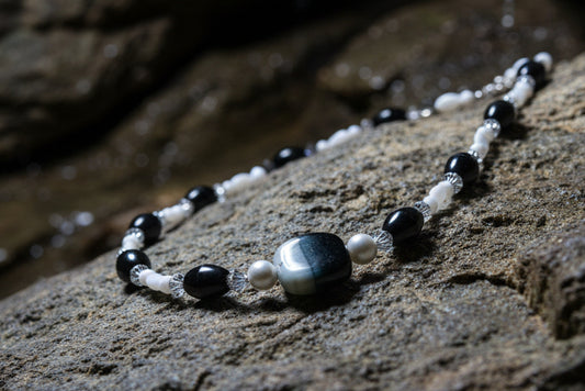 Black & White Beaded Necklace with Swirl Center Stone and Pearl Accents