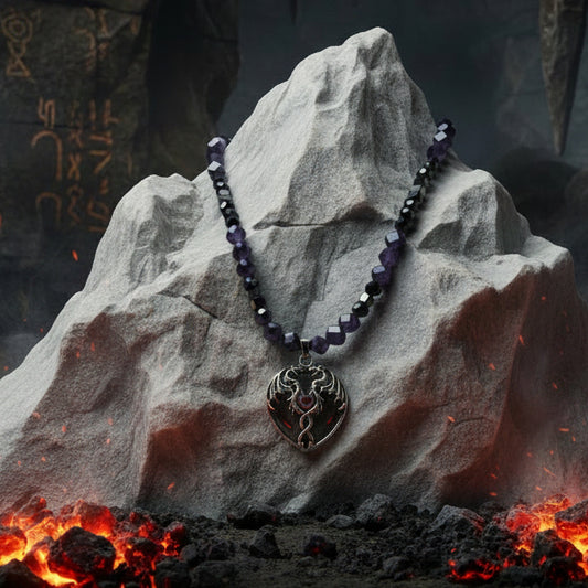 Black Beaded Necklace with Dragon Heart Pendant