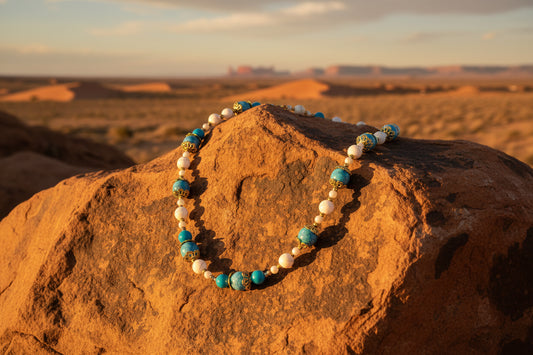 Turquenite & White Magnesite Beaded Necklace with Gold Bead Caps