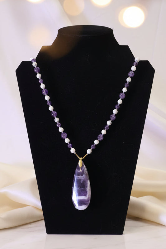 Amethyst & Howlite Beaded Necklace with Large Amethyst Teardrop Pendant