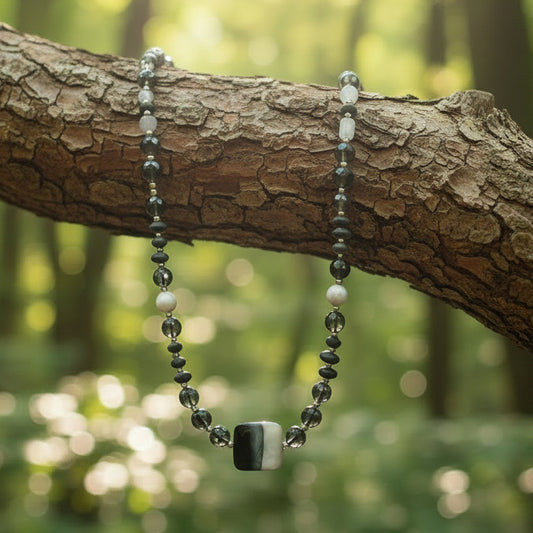 Black Agate & White Quartz Beaded Necklace with Swirl Center Stone