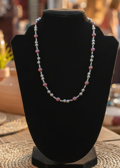Mauve & Silver Beaded Necklace