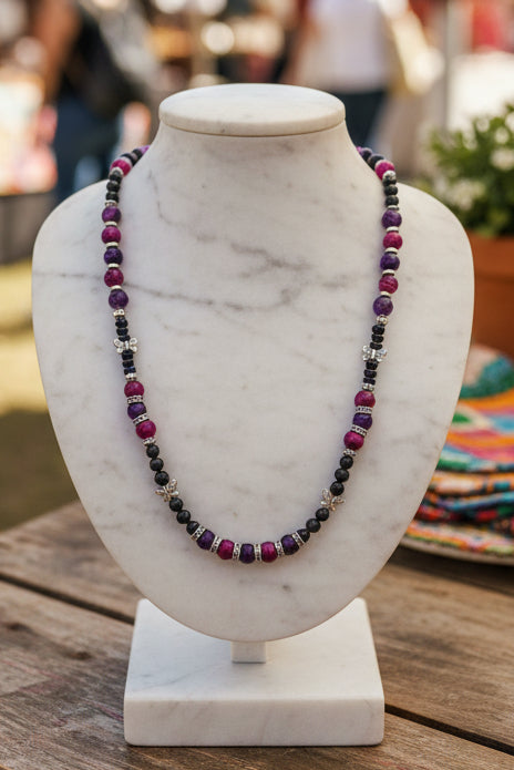 Pink & Purple Tiger Eye Butterfly Beaded Necklace