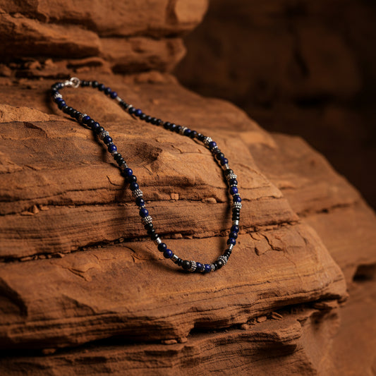 Blue Tiger Eye & Black Agate Beaded Necklace with Silver Filigree Accents
