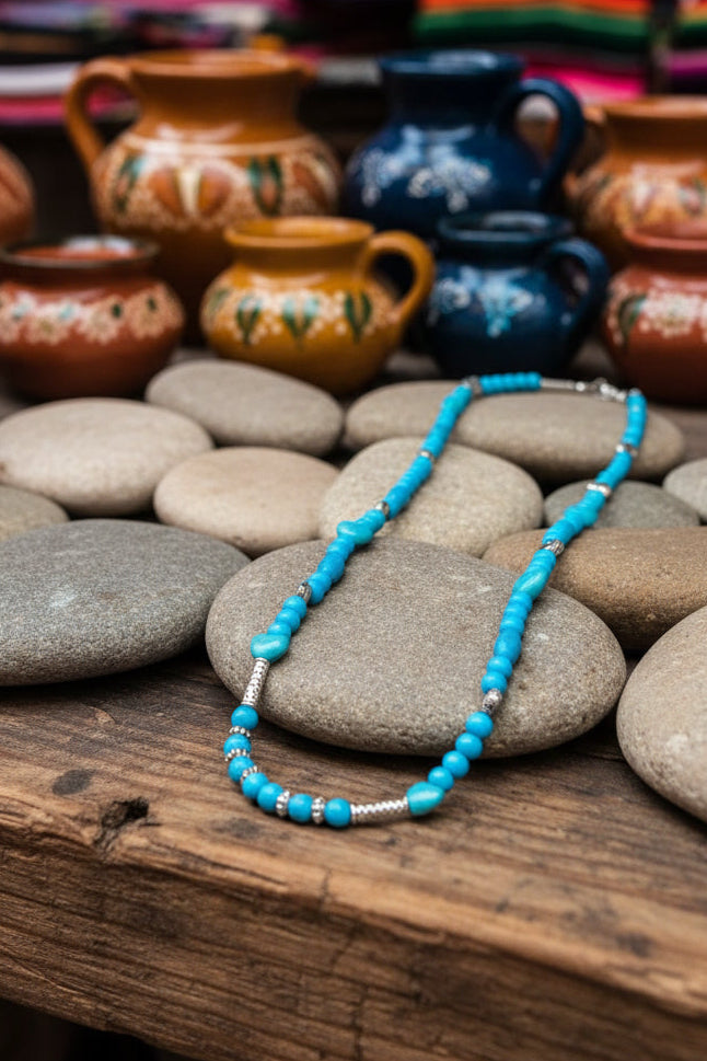 Turquoise Colored Necklace with Heart & Flower Accents